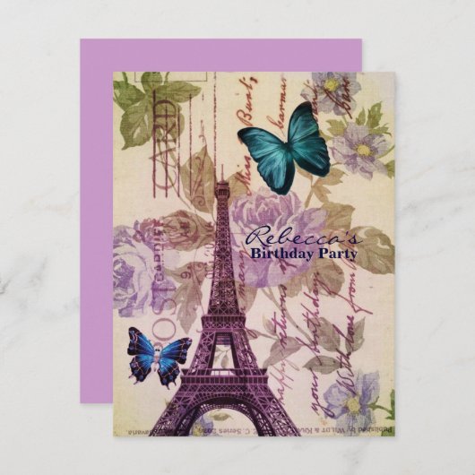 花のフランス人のエッフェル塔のパリの誕生会 招待状 (正面/裏面)