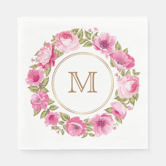 花のフレームのモノグラム紙ナプキン スタンダードランチョンナプキン (正面)