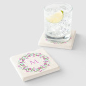 花のフレームの石のコースターにあなたのモノグラム ストーンコースター (横)