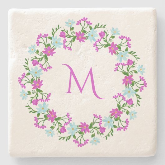 花のフレームの石のコースターにあなたのモノグラム ストーンコースター (正面)