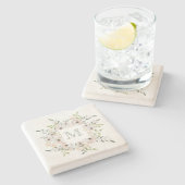 花のフレームの石のコースターにあなたのモノグラム ストーンコースター (横)