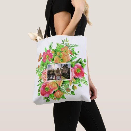 花のフレームの2枚の写真のカスタムバッグ トートバッグ (クローズアップ)