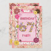 花のフレーム付きの67歳の誕生日パーティー招待状 招待状 (正面/裏面)