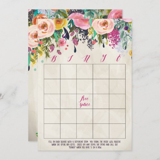 花のブライダルシャワーのビンゴカード 招待状 (正面/裏面)