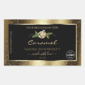 花のブラックとゴールドブラウンの商品ラベルロゴ 長方形シール (正面)