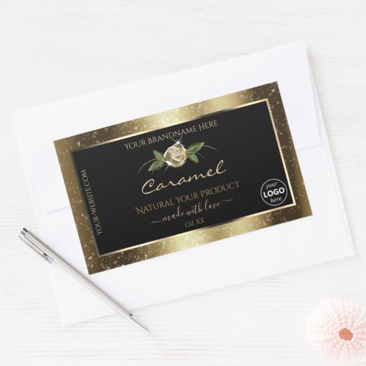 花のブラックとゴールドブラウンの商品ラベルロゴ 長方形シール (封筒)