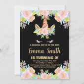 花のブラックユニコーンバースデー招待状 招待状 (正面)