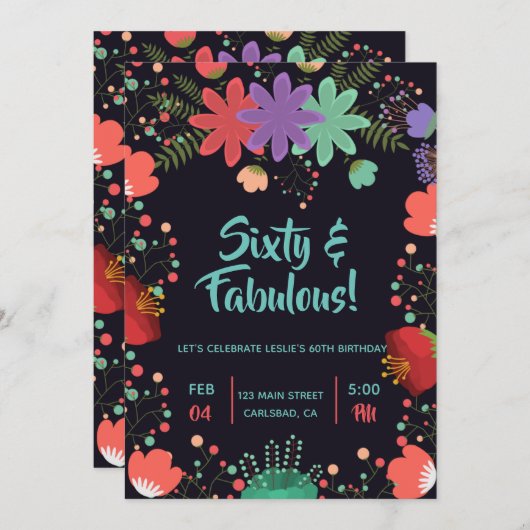 花のブラック カラフルなガーデン ファビュラス 誕生日 招待状 (正面/裏面)