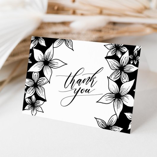花のブラック＆ホワイトカリグラフィー サンキューカード