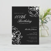 花のブラック＆ホワイト 100歳の誕生日 招待状 (スタンド正面)
