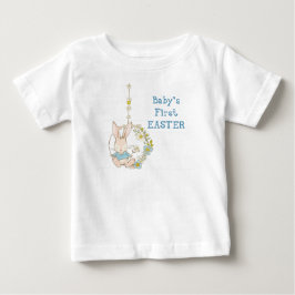 花のブランコに揺れるイースターのウサギを描いた可愛い男の子ベビーTシャツ 初めてのイースター ベビーTシャツ