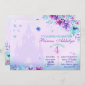 花のプリンセス城の水彩 4歳の誕生日 招待状 (正面/裏面)