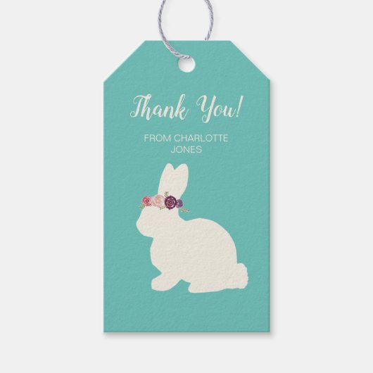 花のヘアバンドのウサギの絵の感謝の気持ち ギフトタグ (正面)