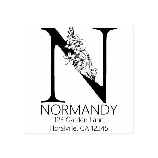 花のヘッド手紙- N -差出人住所のモノグラム ラバースタンプ (インプリント)