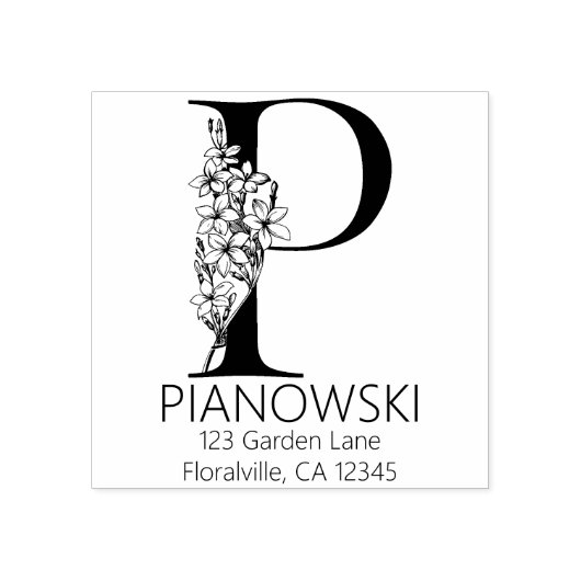 花のヘッド手紙- P -差出人住所のモノグラム ラバースタンプ (インプリント)