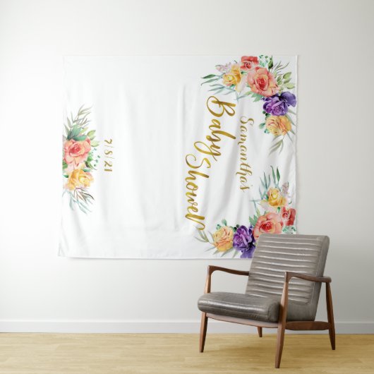 花のベイビーシャワーのゴールド背景写真撮影ブース タペストリー (インサイチュ(横))