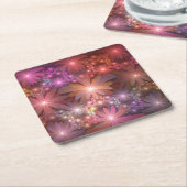 花のベッド光沢のあるカラフル抽象芸術フラクタルアート スクエアペーパーコースター (アングル)