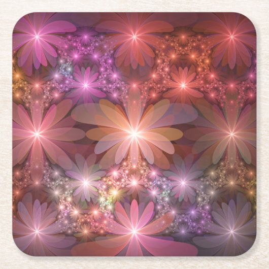 花のベッド光沢のあるカラフル抽象芸術フラクタルアート スクエアペーパーコースター (正面)