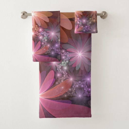 花のベッド光沢のあるカラフル抽象芸術フラクタルアート バスタオルセット (インサイチュ)