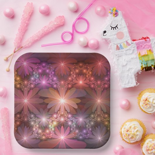 花のベッド光沢のあるカラフル抽象芸術フラクタルアート ペーパープレート (パーティー)