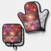 花のベッド光沢のあるカラフル抽象芸術フラクタルアート 鍋つかみ&鍋敷きセット (正面/裏面)