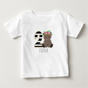花のベビーくまは第2誕生日のワイシャツを縞で飾ります ベビーTシャツ