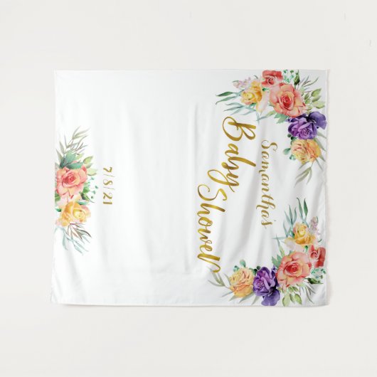 花のベビーシャワーのゴールドバックドロップ写真撮影ブース タペストリー (正面(横))