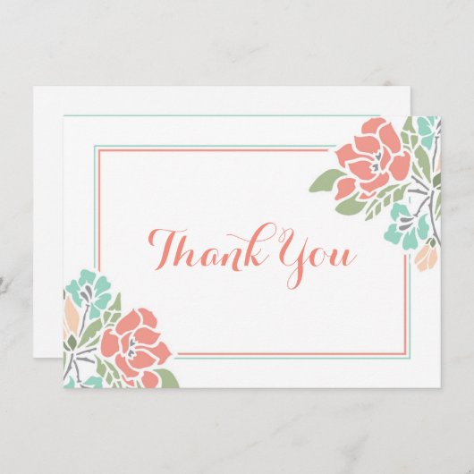 花のベビーシャワーの珊瑚のティール(緑がかった色)は感謝していしています サンキューカード (正面/裏面)