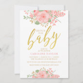 花のベビーシャワーの赤面のピンクの金ゴールド 招待状 (正面)