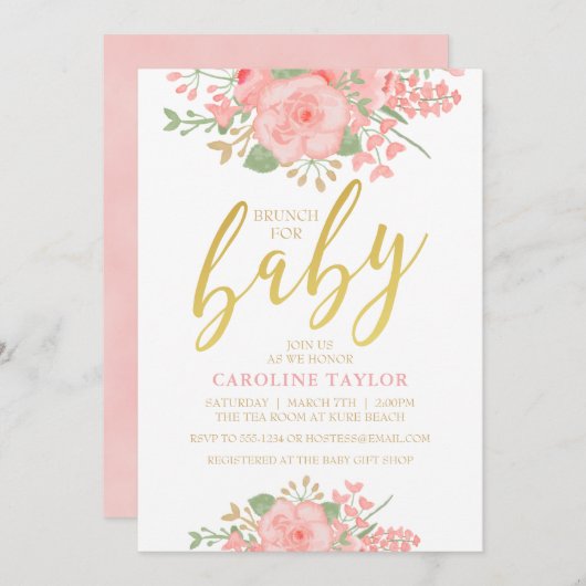 花のベビーシャワーの赤面のピンクの金ゴールド 招待状 (正面/裏面)
