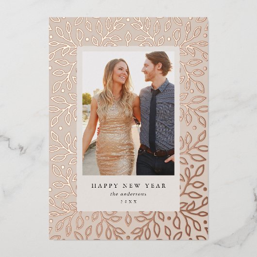 花のホイル ハッピー・ニュー・イヤー ホリデー フォト カード (正面)