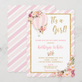 花のホットエアバルーンのベビーシャワー招待状 女の子 招待状 (正面/裏面)