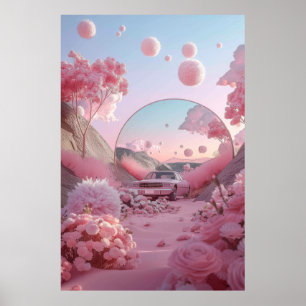 花のポスターのフィールドに駐車ヴィンテージ車 ポスター