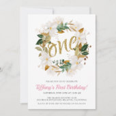 花のマグノリア ピンクとゴールドの1歳の誕生日パーティー 招待状 (正面)