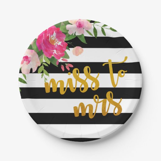 花のミス・トゥ・ミセス プレート - ブラック＆ホワイトのストライプ (正面)