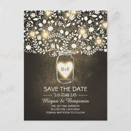 花のメイソンの瓶の黄色の素朴な日付を保存 案内ポストカード (正面)