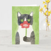 花のメッセージカードを持つ猫 カード (黄色い花)