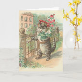 花のメッセージカードを渡しているヴィンテージ猫 カード (黄色い花)