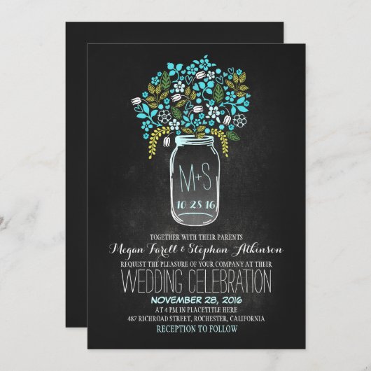 花のメーソンジャーの黒板の結婚式招待状 招待状 (正面/裏面)