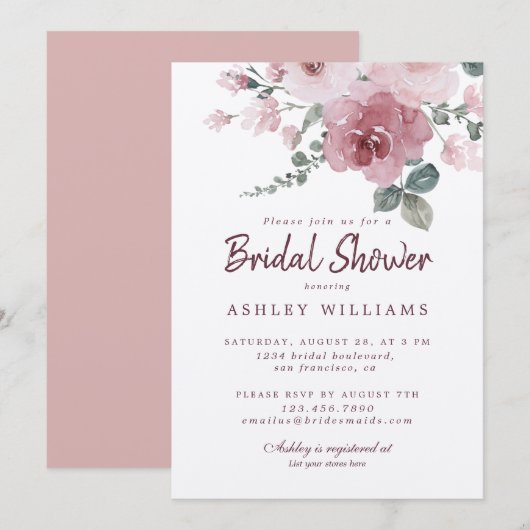 花のモス ピンク ローズ バーガンディ ブライダル シャワー 招待状 (正面/裏面)