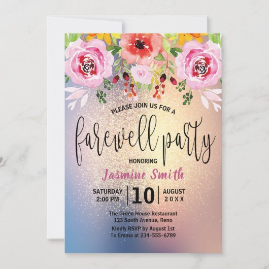 花のモダンな金ゴールドのグリッターの送別会 招待状 (正面)