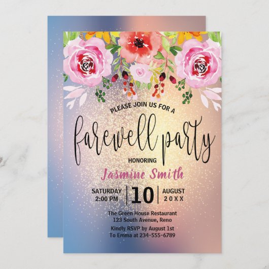 花のモダンな金ゴールドのグリッターの送別会 招待状 (正面/裏面)