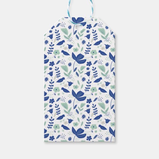 花のモダンな青とミントグリーンのチューリップと鳥 ギフトタグ (正面)