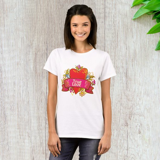 花のモチーフが可愛いリボン付きラブハート Tシャツ
