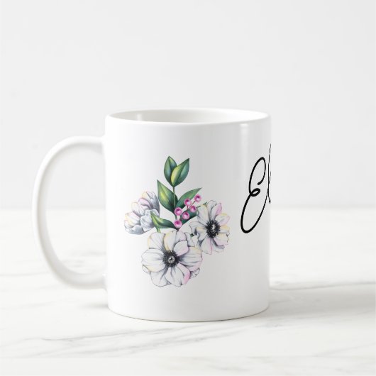 花のモチーフと名前をカスタムする コーヒーマグカップ (左)