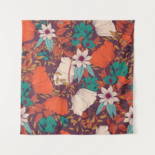 花のモチーフ:手描きのシームレスパターン タペストリー (正面)