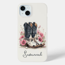 花のモノグラム入りエレガントカウハイドブーツ iPhone 15 MINIケース