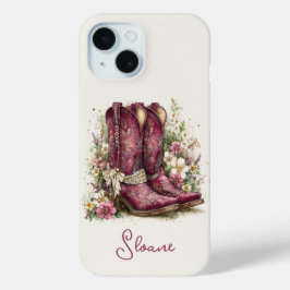 花のモノグラム入りエレガントブーツ iPhone 15ケース