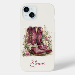花のモノグラム入りエレガントブーツ iPhone 15 MINIケース