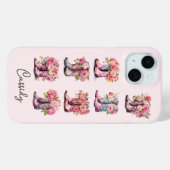 花のモノグラム入りピンクのコウガールブーツ Case-Mate iPhoneケース (裏面 (横))